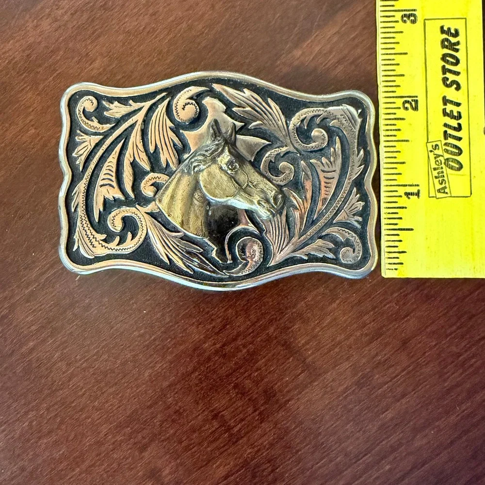 Horse Head Belt Buckle Western Silver Gold Two Tone Filagree Scrollwork Cowboy